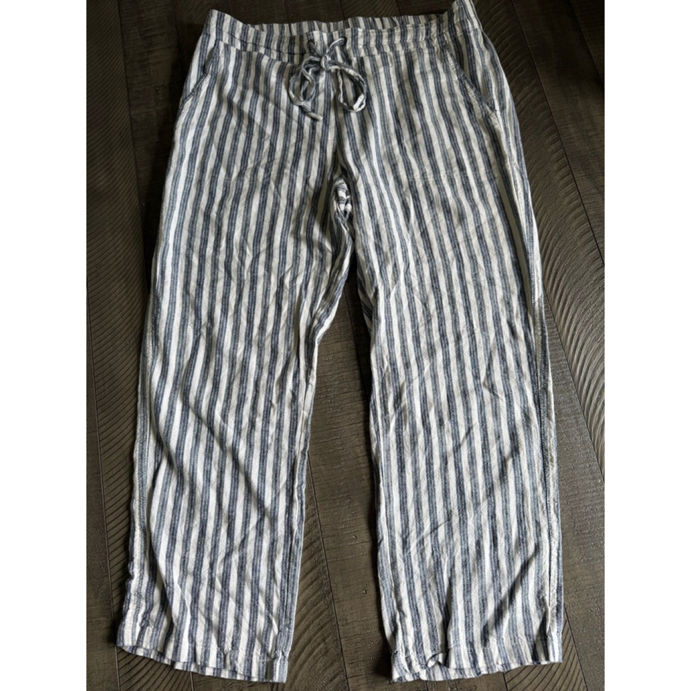 For Cynthia Pants Size L White Blue Striped Linen Blend - Picture 2 of 7